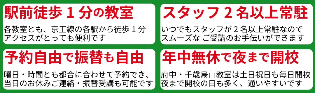 教室紹介文：京王線の府中 つつじヶ丘 千歳烏山の各駅前で開校15年のパソコン教室